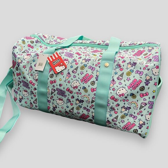 Sanrio Hello Kitty Large Travel Duffle Bag Blue w/Shoulder Strap Zip Bow Weekend